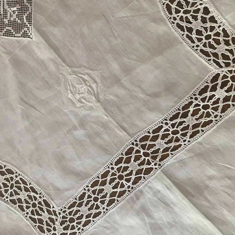 Vintage Linen Crocheted Tablecloth Embroidered White Square 46x46